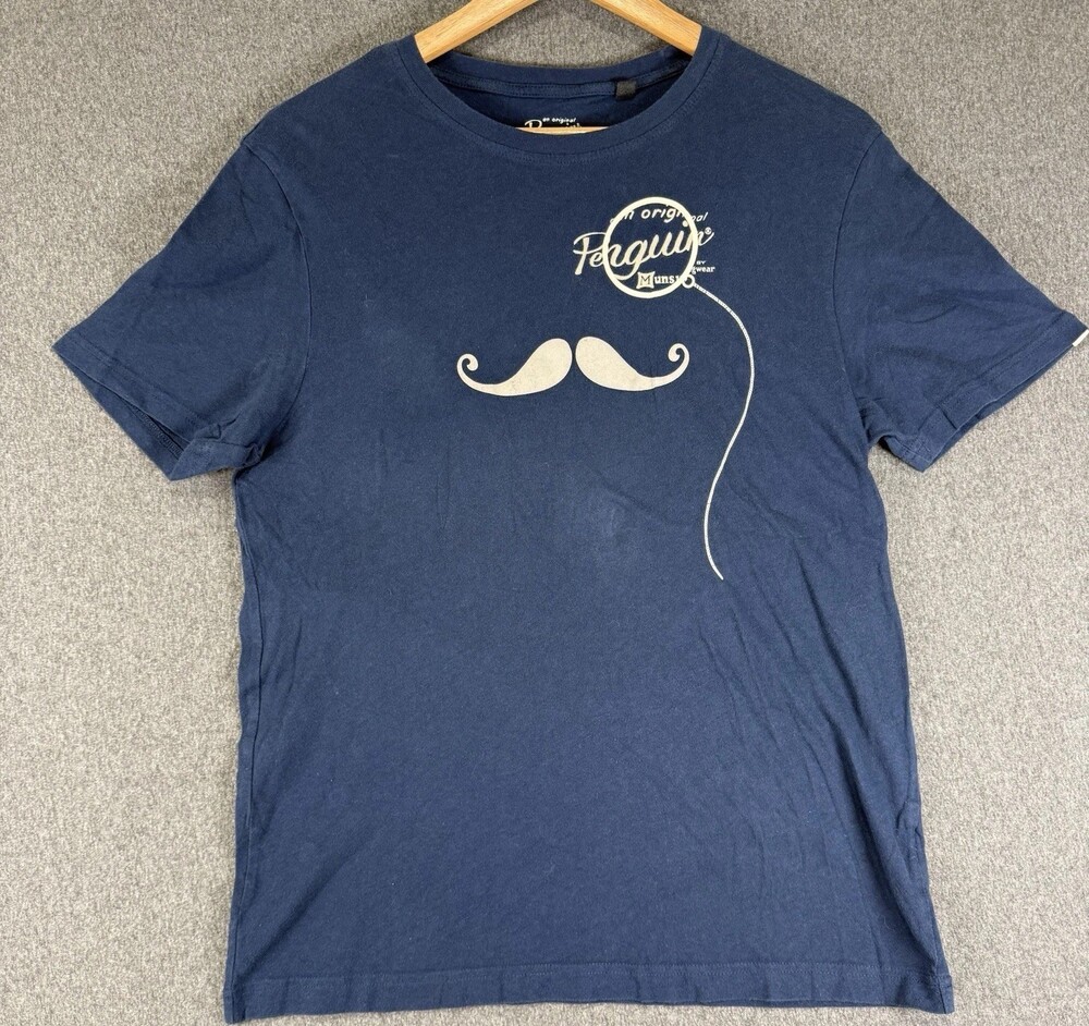 Original Penguin Mens Medium Navy Blue Mustache Monocle Graphic T Shirt